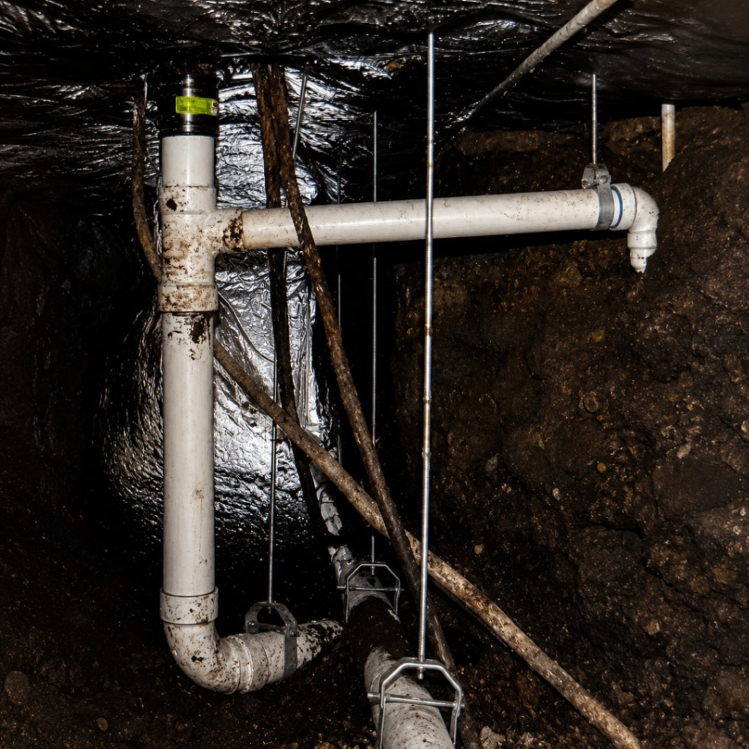 New PVC main and cleanout installed in an under-slab tunnel.