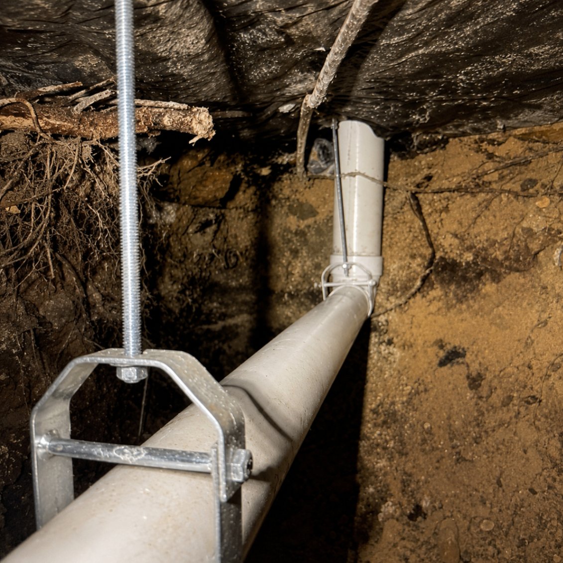 Sewer line run and supported through a tunneled section — no interior demo.