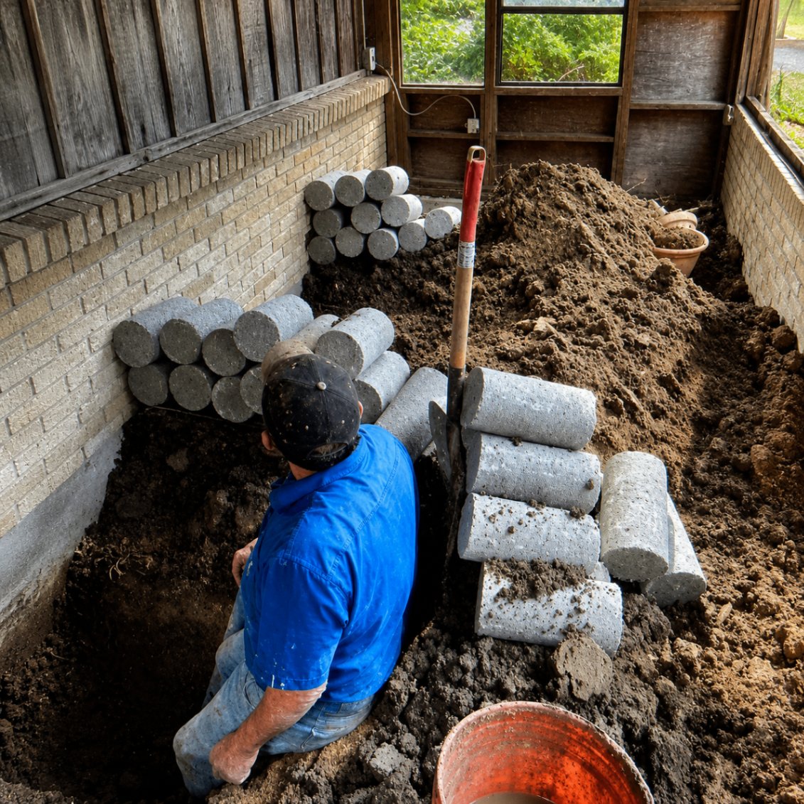 Concrete cylinder piers staged and installed to stabilize a settling foundation.
